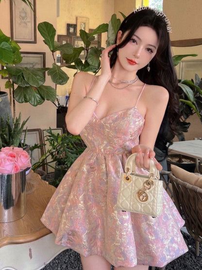 binfenxie Elegant Sleeveless Princess Mini Dress For Women 2022 Summer Female Floral Print Fancy Party Vestidos