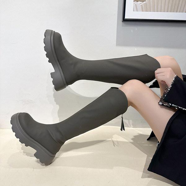 Brand Women's Shoes Autumn Boots Zipper Boots-Women Round Toe Flat Heel Fashion Mid Calf 2022 Ladies Lolita Over-the-Knee Med Fa