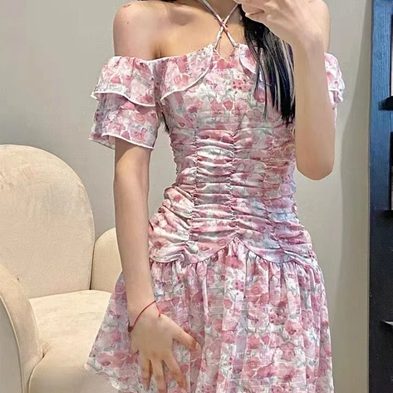 Off Shoulder Floral Y2k Mini Dress Woman French Elegnat Short Party Dress 2022 Summer Casual Sweet Sexy One Piece Dress Korean