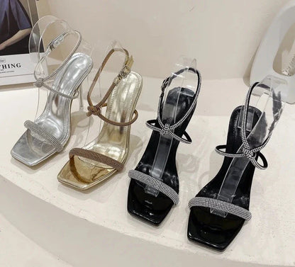 New Fashion Square Toe Women Sandals Summer Sexy Crystal High Heels Buckle Strap Stripper Party Ladies Shoes