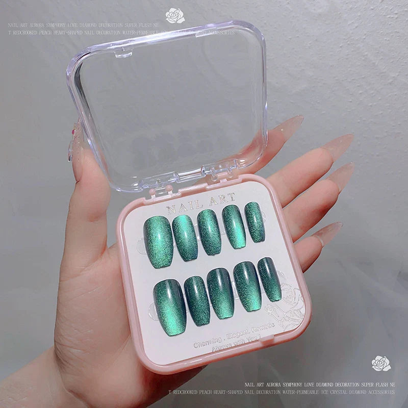 24pcs/box Crystal Cat Eye Shining Diamond Nail Patch Sparkling False Nail Press on Acrylic Nails Handmade Nail Wearing