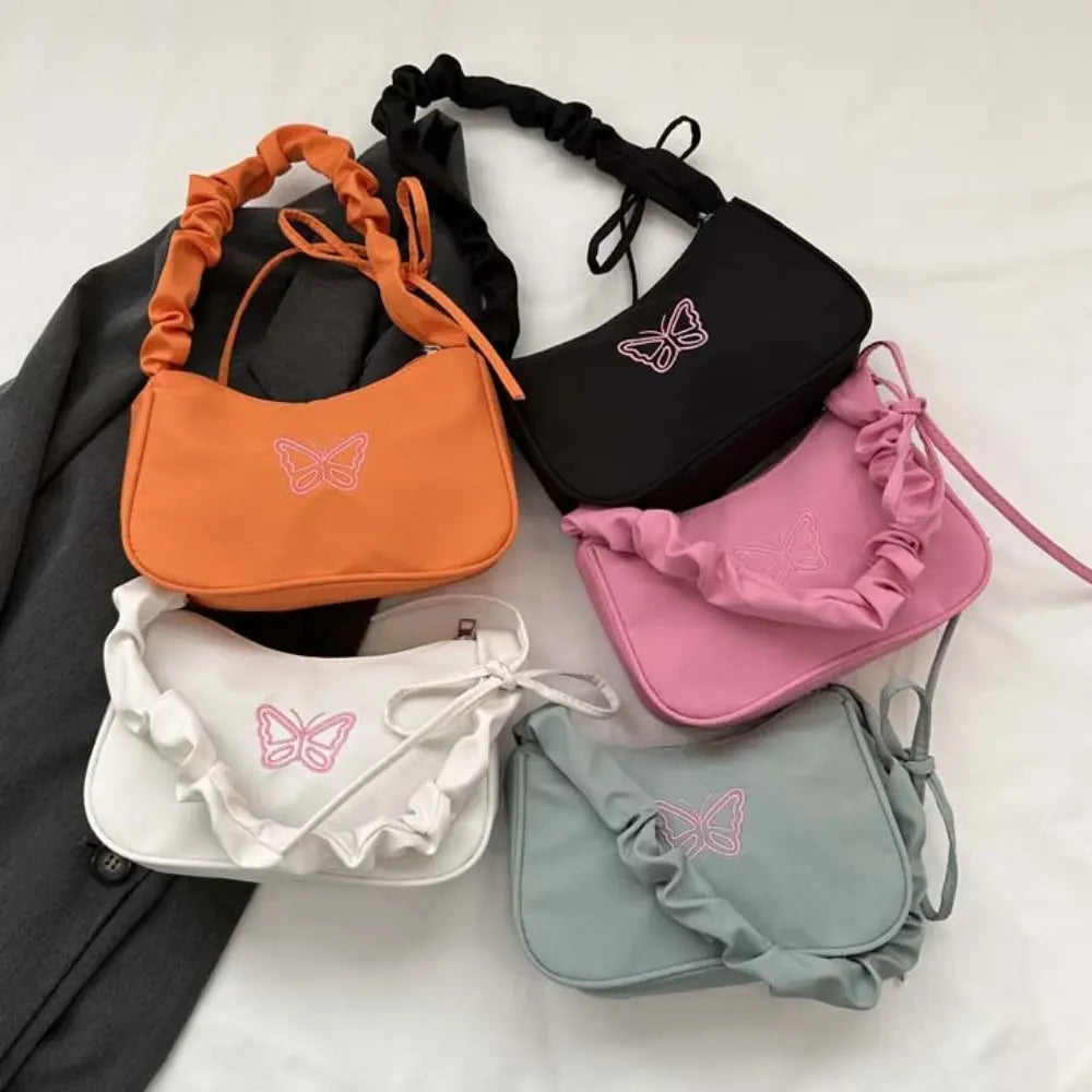 binfenxie Embroidery Bowknot Butterfly Shoulder Bag Y2k Style Ruffle Handle Nylon Bow Tote Bag Makeup Lipstick Bag Handbag