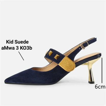 Futurecen Woman Navy Blue Suede Pumps Thin High-Heeled Buckle Slingbacks Shoes Women's Punk Studs Pumps Brown 33-40 Spring Summer