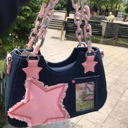 binfenxie Y2K Vintage Shoulder Bag Korean Fashion Underarm Harajuku Star Tote Denim Bag Chain Ladies Bags Zip Purses Handbags Women