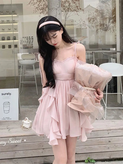 binfenxie Summer Women Sundress Suspenders Ruffles Fairy Dress Elegant Feminine Holiday Beach Romantic Dress traf robe платье