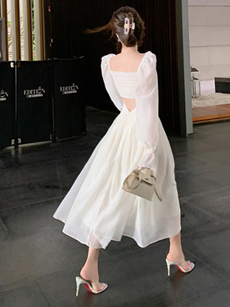 Spring Summer New Women Elegant Midi Dresses Party Holiday Backless Prom Mixi Clothes Vestidos Robe