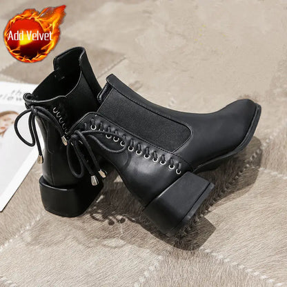 Short Shoes for Women Punk Style Booties with Laces Female Ankle Boots Elegant Medium Heels Footwear Lace-up Chelsea Combat Boot