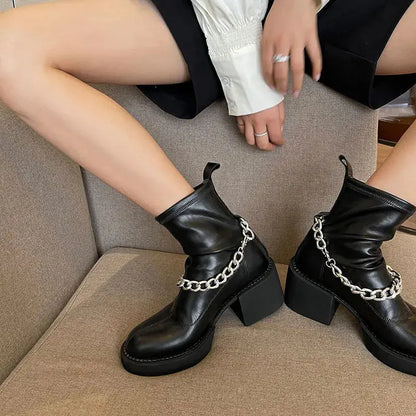 Women's Ankle Boots Black Short Shoes for Woman Platform Booties Elegant with Medium Heels Footwear Punk Style Chunky Combat Pu