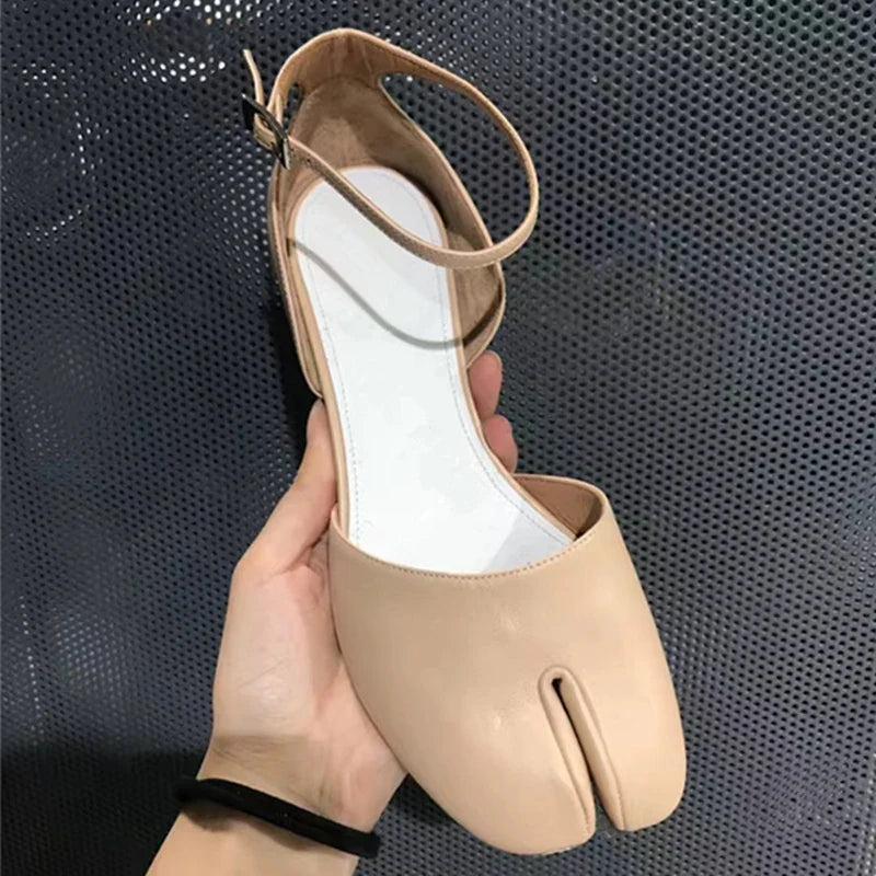 Summer Women Mary Jane Real Pig Leather Shoes High Heels Round Heel Shoes Ballet Ankle Strap Pumps Ninja Split Toe Sandals