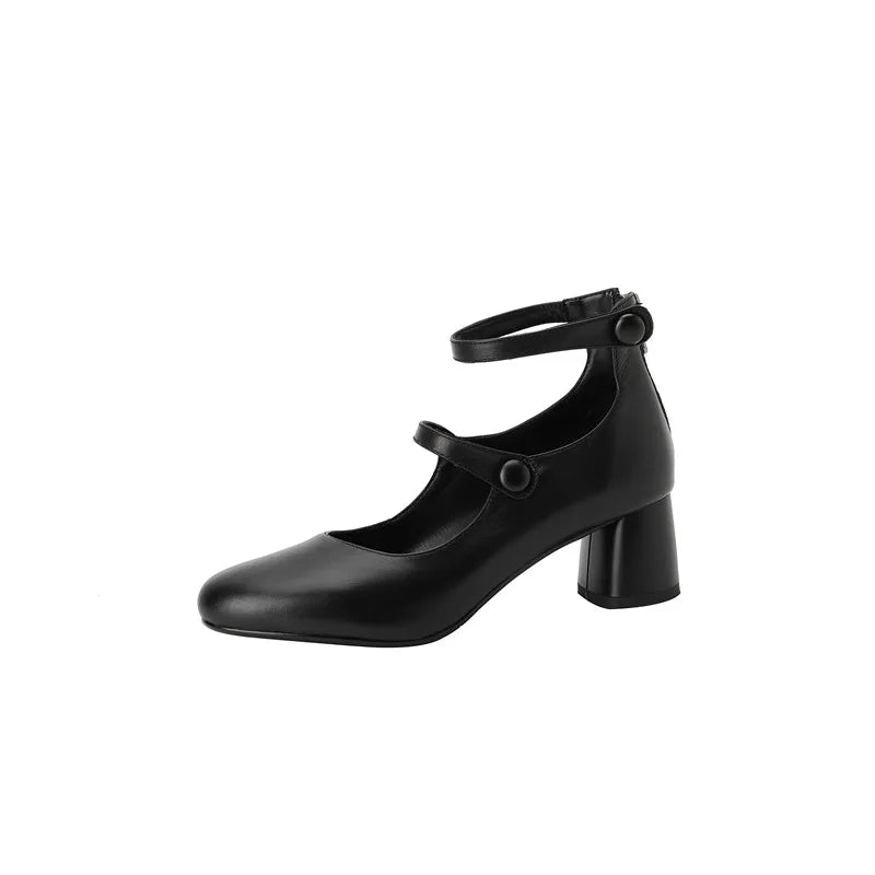 Futurecen  Fashion Pumps New High Quality Leather Retro Mary Jane Shoes Round Toe Chunky Heel High Heels Commuter Women Shoes