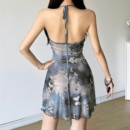 binfenxie Summer New Women's Solid Color Slim Fit High Waist Fashion V-neck Butterfly Print Hanging Neck Open Back Dress