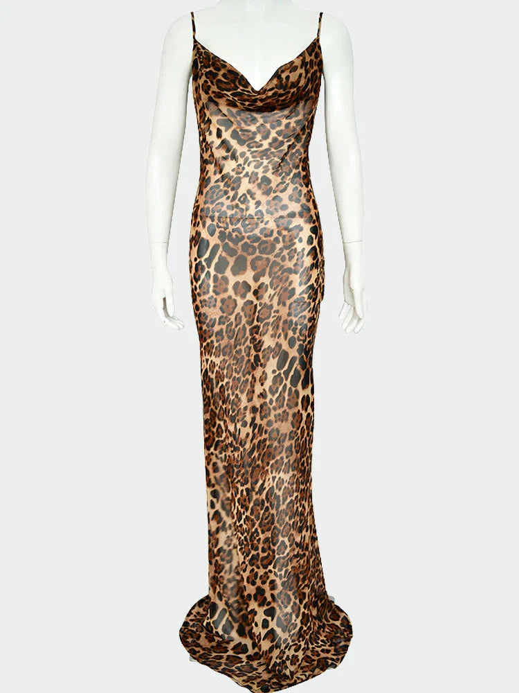 Sexy V Neck Leopard Party Dress Women Spaghetti Strap Backless Slim Maxi Dress Summer Chiffon Long Beach Dress Vestidos