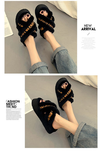 Slippers Casual Shoes Flock Platform Med Slipers Women Fur Flip Flops Slides Luxury Flat Plush PU Rubber Basic Fur Shoes Wo