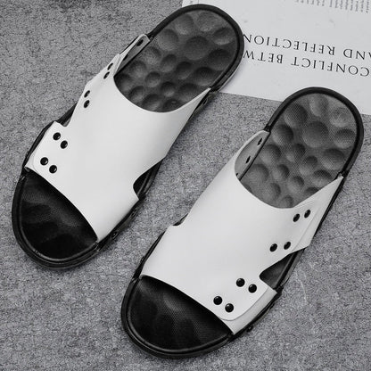 Luxury Brand Summer Men Slippers Fashion Slip On Black Leather Beach Shoes For Men Casual Slippers High Quality Non-Slip Sandals