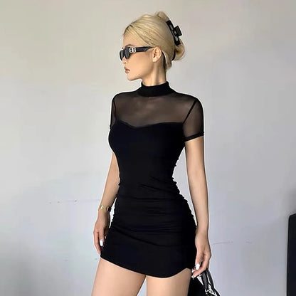 binfenxie Mock Neck Y2k Bodycon Mini Dresses Gothic Women Mesh Patchwork Sheer Party Dress