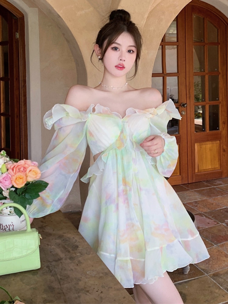 binfenxie France Sweet Tie-dyed Fairy Dress Women Elegant Chic Ruffles V-Neck Long Sleeve Princess Dresses Female Casual Beach Vestidos