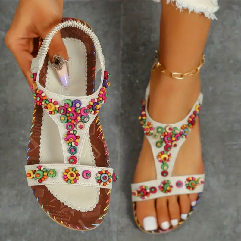 Women's T-Strap Colorful Beaded Flat Sandals Open Toe Elastic Ankle Strap Gladiator Shoes Woman Summer Bohemian Beach Sandals