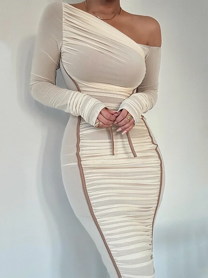 Diagonal Collar Long Sleeve Midi Dress For Women Two Layer Mesh Backless Ruched Bodycon Club Party Sexy Long Dress