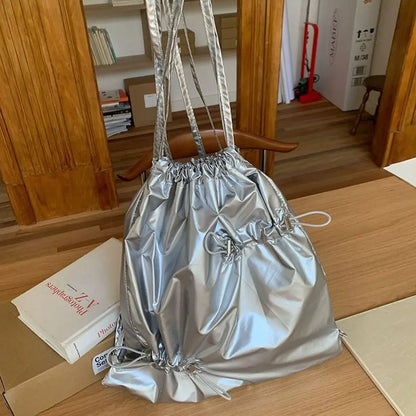 binfenxie Korean Style Drawstring Backpack Fold Large Capacity Nylon Ruched Backpack Niche Design Tote Bag Silver Shoulder Bag Women