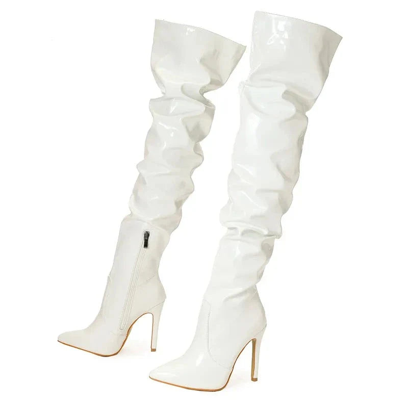 High Quality Pleated Patent Leather Motorcycle Over The Knee Boots Women Fashion Pointed Toe Zip Thigh High Lady Shoes