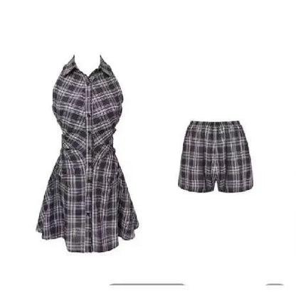 binfenxie Women Summer Plaid Sleeveless Mini Shirt Dress