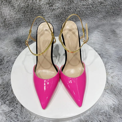 Futurecen  Glossy Fusion Pink Women Ankle Buckles Close Toe Backless Stiletto Sandals 8cm 10cm 12cm High Heels Sexy Ladies Pumps