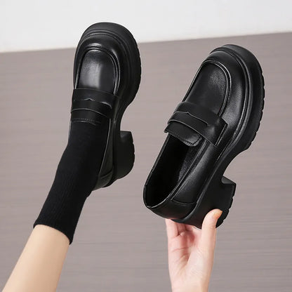 Pu Leather Platform Loafers Woman British Style Thick Heels Oxfords Shoes Women Slip On College Gothic Shoes Mujer