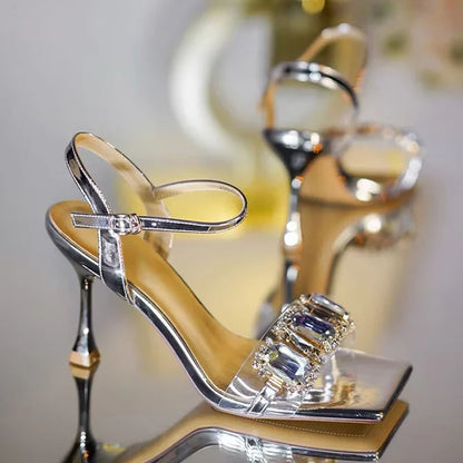 Gold Silver High Heels Sandals Women Summer Square Toe Shiny Crystal Sandals Woman Ankle Straps Thin Heel Party Pumps Shoes