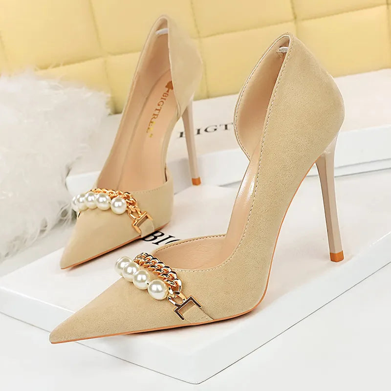 Shoes  Spring Women Pumps Pearl Metal Chain High-heels Checked Grain Stilettos Women Heels Luxury Banquet Shoes 43