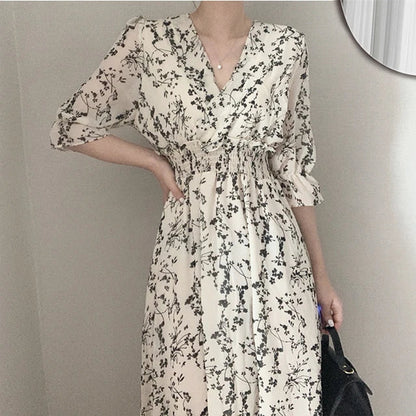 binfenxie Vintage Korea Fashion Clothing Summer Slim Elastic Waist A Line V Neck Elegant Office Lady Floral Chic Chiffon Long Dress Retro