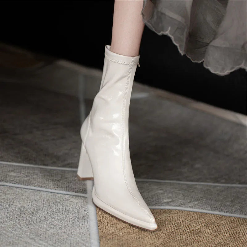 Women's Boots High Heels Half Footwear White Pointed Toe Elastic Shoes for Woman Mid Calf Elegant Heeled  New Spring Pu Y2k