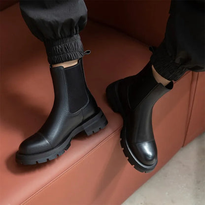 Winter Shoes Women Leather Ankle Boots Women Round Toe Thick Heel Platform Shoes Solid Chelsea Boots Casual Women Boots