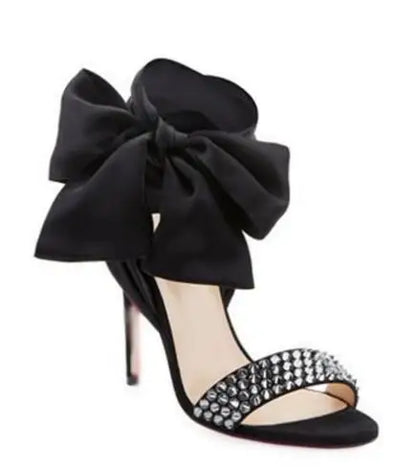 Black Purple Crystal Spike Ankle Lace Up Bow Tie Thin High Heel Runway Fashion Women Dress Shoes Open Toe Stiletto Heel Sandals