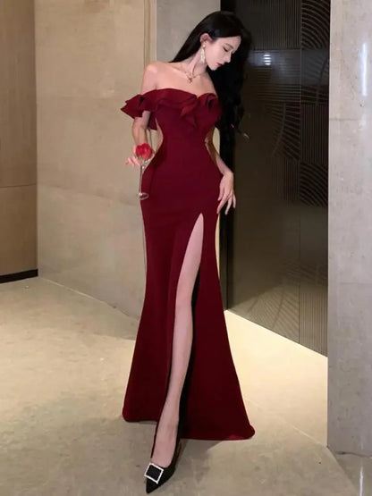 Women's Sexy Backless High Split Ruffles Wrapped Hip Dress, Elegant Luxury Off Shoulder Party Evening Dresses, Red, Summer