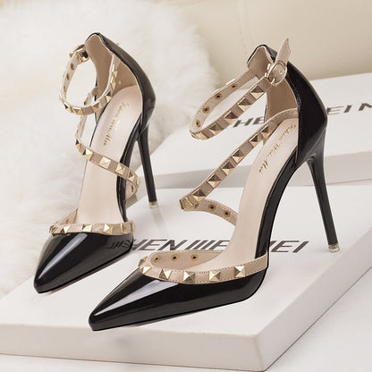 Sexy Nightclubs with Thin 10CM Heel High Heel Shallow Pointed Head Rivet Hollow Word Belt PUMPS Simple Women's Shoes