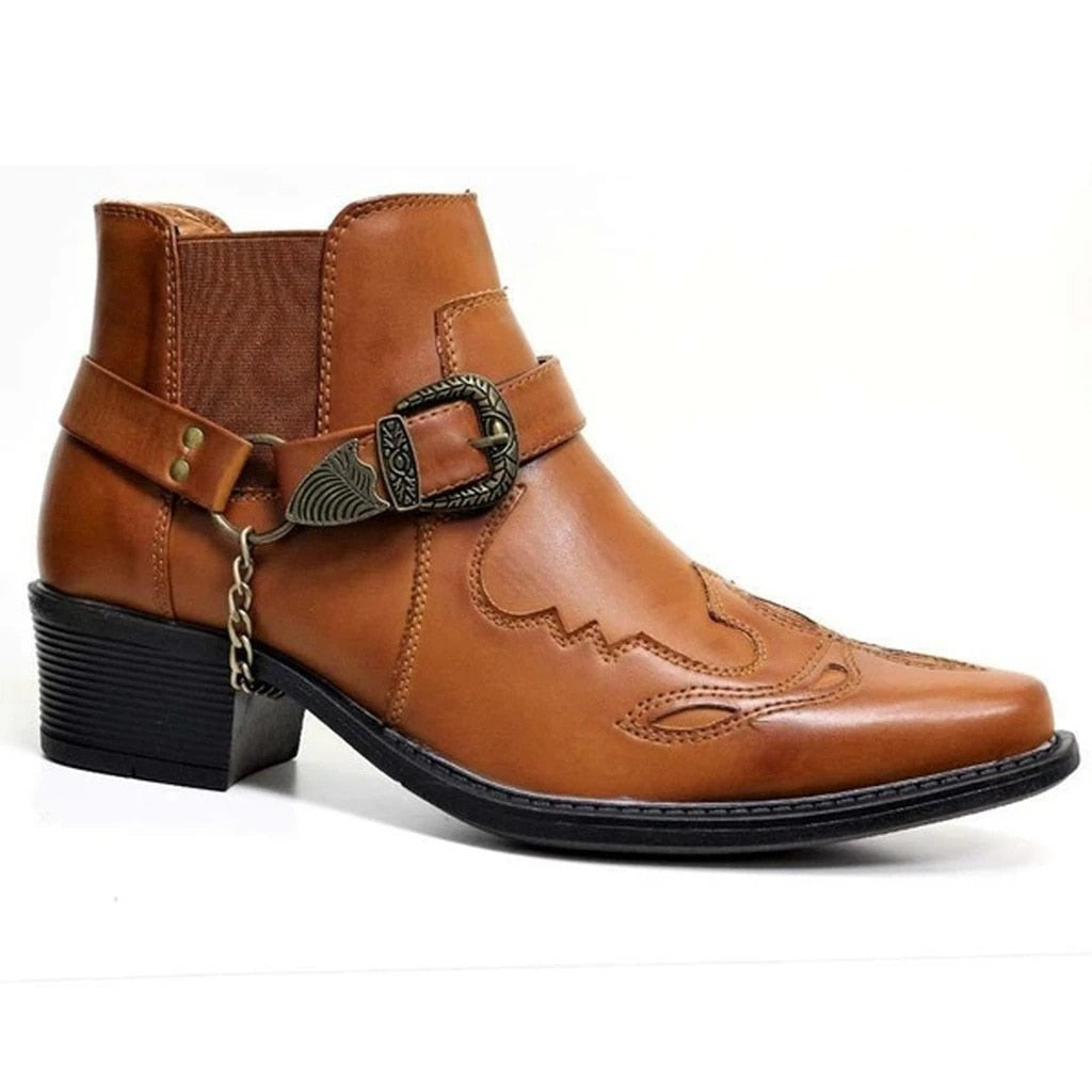 New Style Short Boots Fashion Personality Belt Buckle Thick Heel Pointed 45 short Boots Men's Boots Shoes for Men  Men Shoes