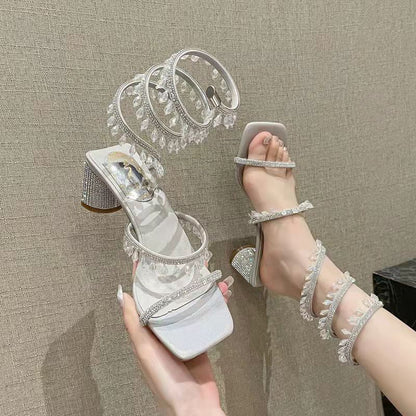 Summer New Square Head Rhinestone Shoes Crystal Pendant Party Wedding Shoes Mid Heel Fashion Sandals Women