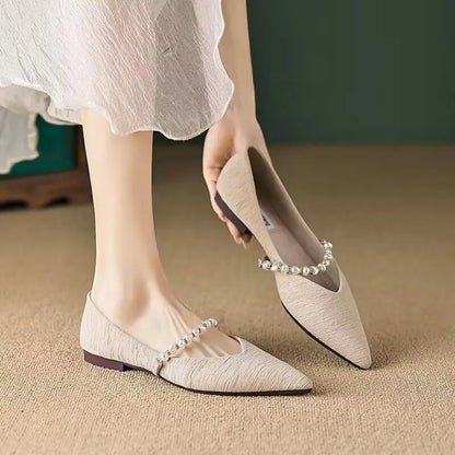 Women's Summer Footwear Pearl Pointed Toe Shoes for Woman White Moccasins Low Heel Elegant on Offer E Fashion Korean Style