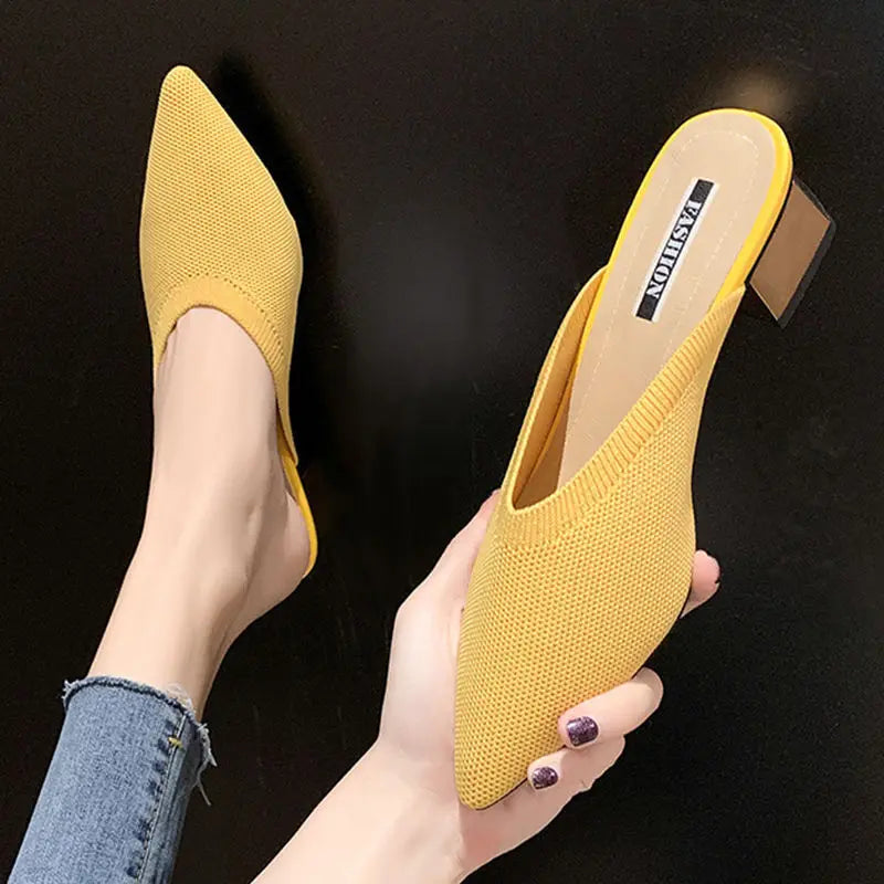 Summer with Heel Slides Pointed Toe Shoes Mules Women's Slippers and Ladies Sandals Black Outside Non Slip Korea Style 39 F