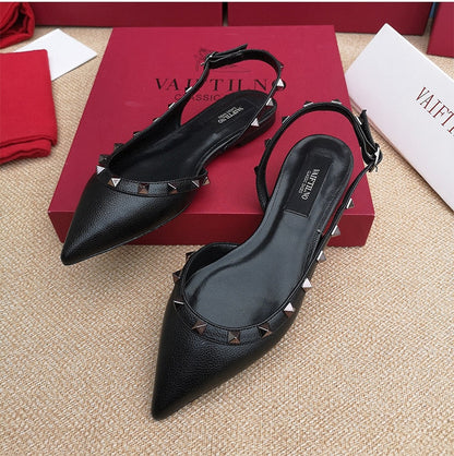 Women Flats Shoes Rivet Shoes with Buckles Pointed Toe Patent Leather Gladiator Sexy Stud Women Ballet Flat Shoes Sandals