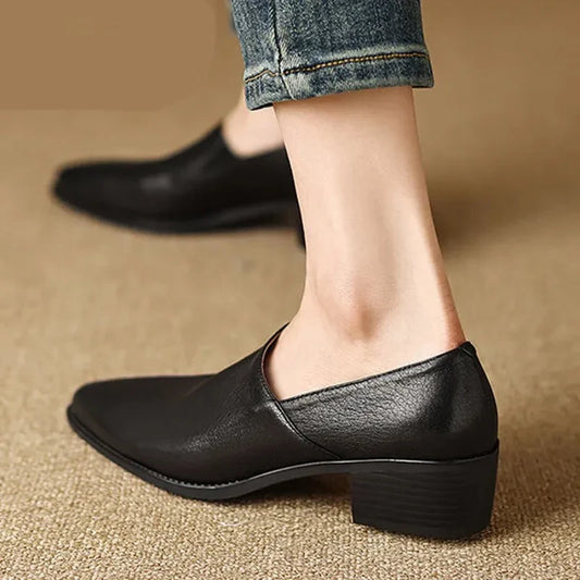 Ins Leather Heeled Shoes Women Retro Pointed Toe Chunky Heel Pumps Deep Mouth Medium Heel Spring Autumn Rain shoes