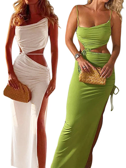 New Summer Beach Casual Sexy Hollow Backless Tie Up Slip Dress Women Low Cut Sleeveless Slim-fit Maxi Dress for Club Party