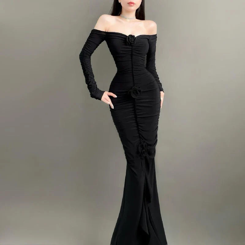 binfenxie Elegant Fashion Off Shoulder Dark Flower Ruffles Long Dress Gothic Slash Neck Long Sleeve Maxi Dresses For Women 2024