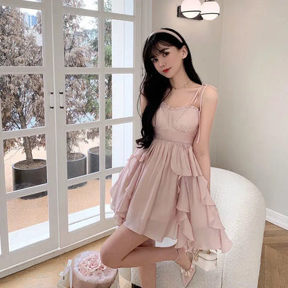 binfenxie Summer Women Sundress Suspenders Ruffles Fairy Dress Elegant Feminine Holiday Beach Romantic Dress traf robe платье