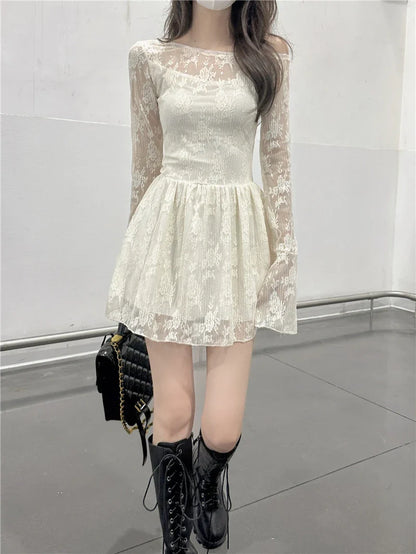 Korean milk apricot color waisted A-line skirt women gentle wind temperament sexy lace dresses