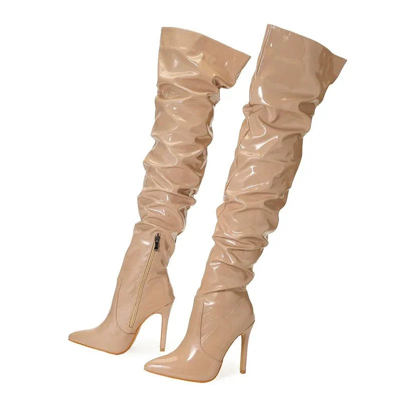 High Quality Pleated Patent Leather Motorcycle Over The Knee Boots Women Fashion Pointed Toe Zip Thigh High Lady Shoes