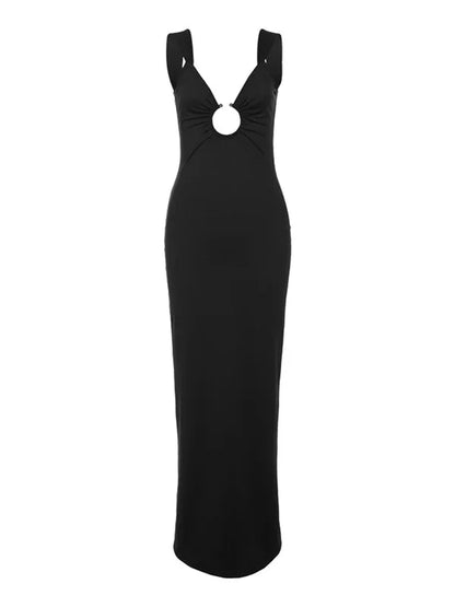 Elegant Hollow Out V-neck Slip Backless Party Evening Maxi Dress For Women Spring Sexy Slim Split Solid Dress