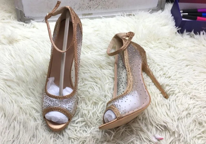 Sexy Mesh Rhinestone Patchwork High Heel Shoes Champagne Glittering Heels Pumps Bling Bling Crystal Wedding Dress Shoes Bride