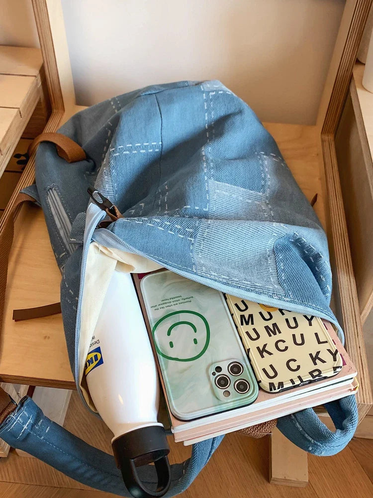 binfenxie New Women Denim Vintage College Backpack Lady Leisure Retro Trendy Female Patchwork Book Bag Fashion Girl Cute Travel School Bag