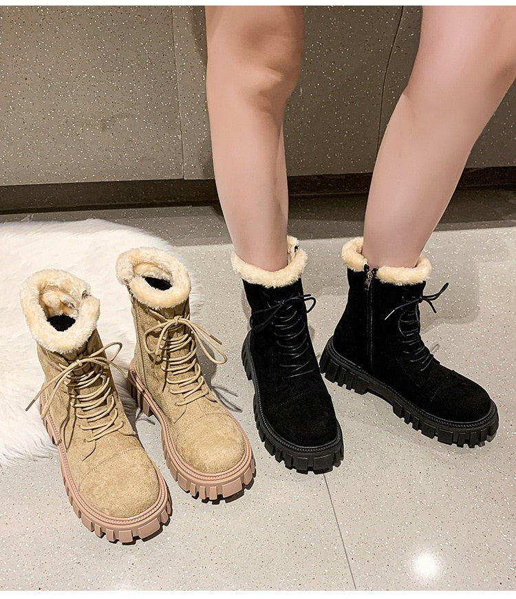 Winter Boots Lady Boots-Women Lace Up Australia Female Shoes Luxury Designer Round Toe Mid-Calf Snow Fashion Rubber Mid Cal